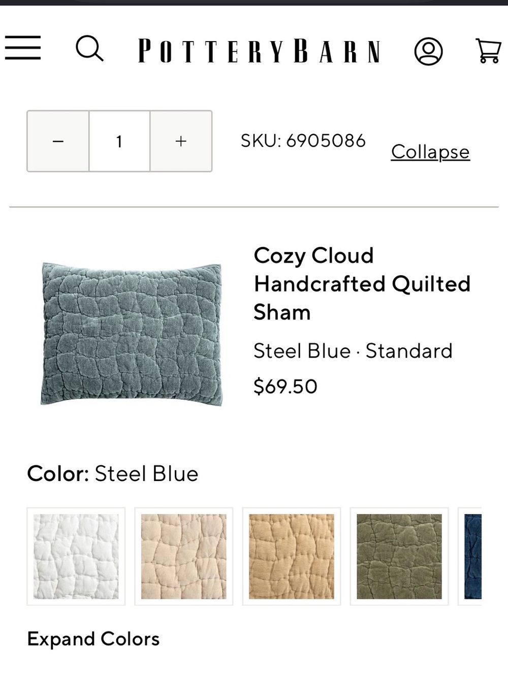Pottery Barn Cozy Cloud Quilted Sham in Steel Blue included pillow insert